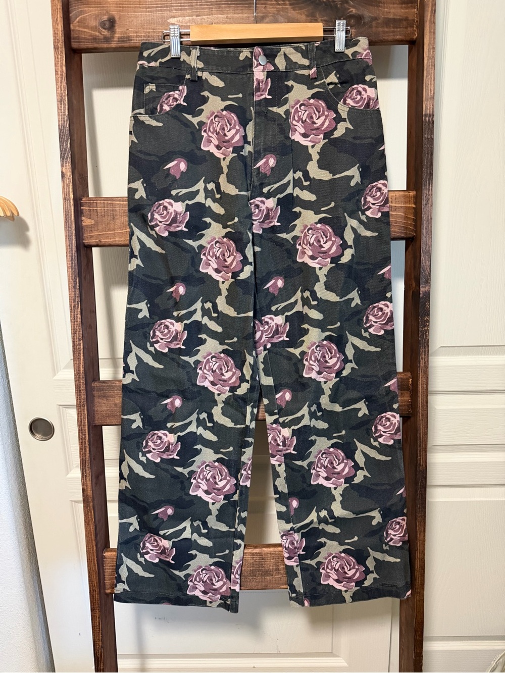 Pink Lily Olive Camo Pants with Pink Rose Print
